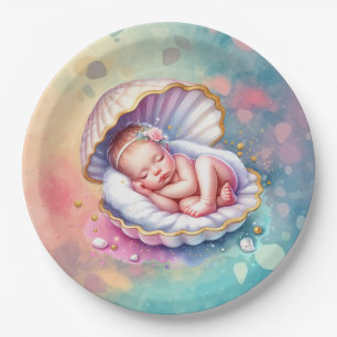 Baby Girl in a Seashell Baby Shower  Paper Plate