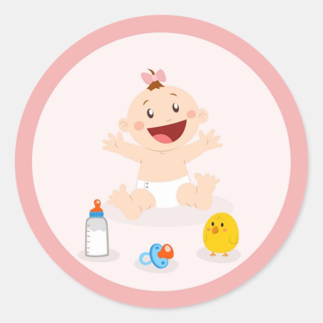 Baby Girl In Pink Circle Baby Shower Stickers (Front)