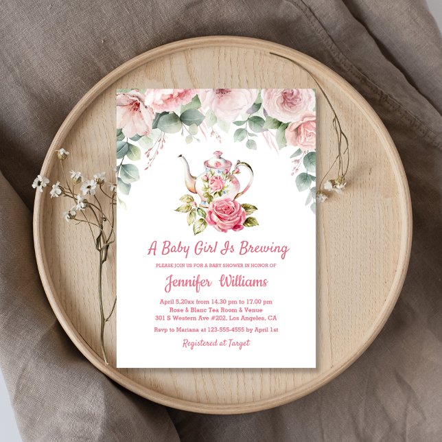 baby girl is brewing floral tea party baby shower  invitation (Creator Uploaded)