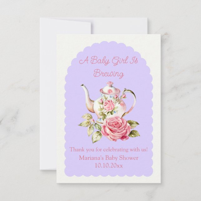 baby girl is brewing floral tea party baby shower  thank you card (Front)