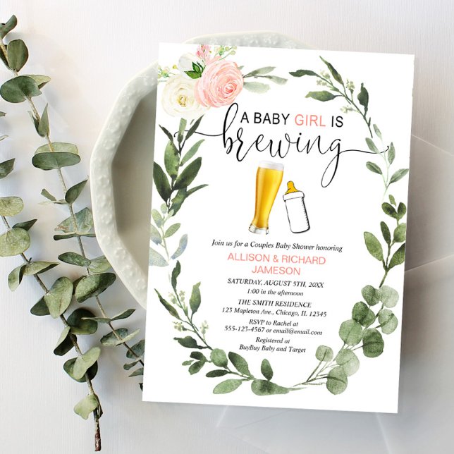 Baby Girl is Brewing greenery couples baby shower Invitation (Creator Uploaded)