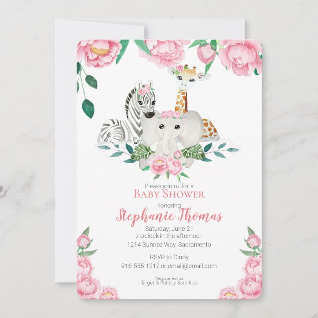 Baby Girl Jungle Animals Shower Invitation (Front)