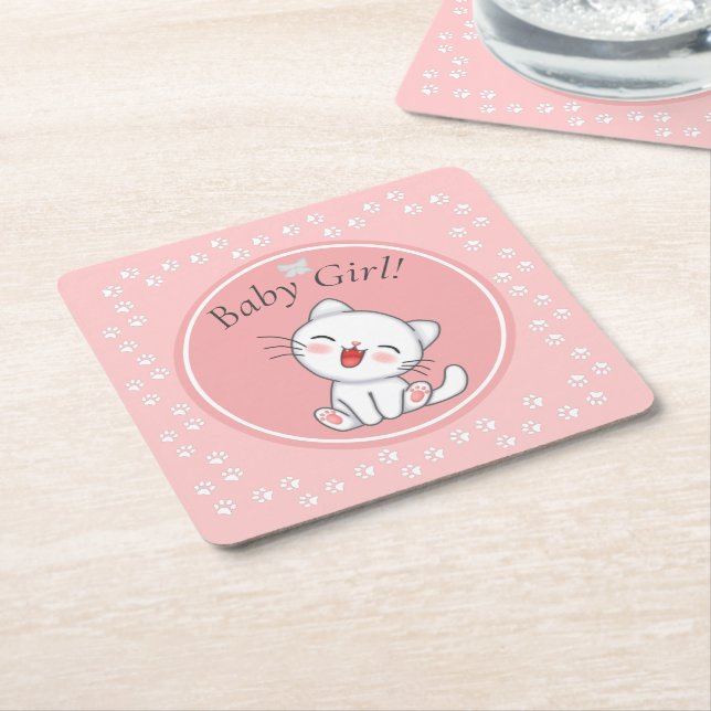 Baby Girl Kitten Pawprints Paper Napkins Square Paper Coaster (Angled)