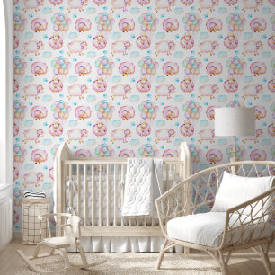 Baby Girl Lambs Balloons and Clouds Wallpaper