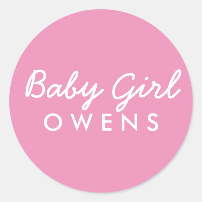 Baby Girl Last Name Baby Shower Sticker-Pink White Classic Round Sticker (Front)