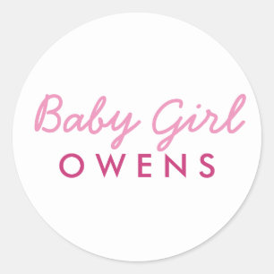 Baby Girl Last Name Baby Shower Sticker-Pink White Classic Round Sticker