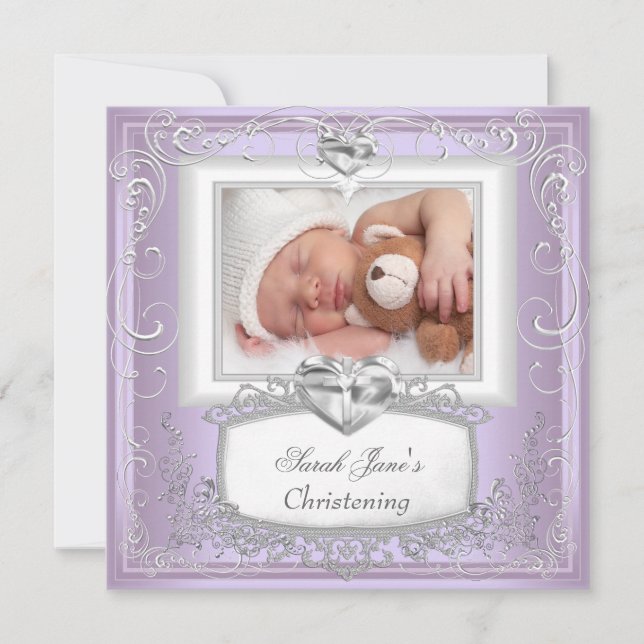 Baby Girl Lilac Christening Baptism Cross White Invitation (Front)