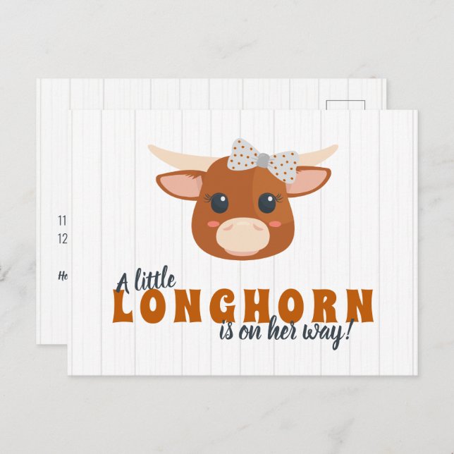 Baby Girl Longhorn Burnt Orange Baby Shower Invitation Postcard (Front/Back)