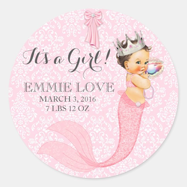 Baby Girl Mermaid Princess Crown Announcement Classic Round Sticker (Front)