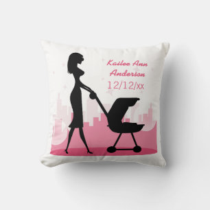 Baby Girl Metro Birth Announcement Pink City Cushion