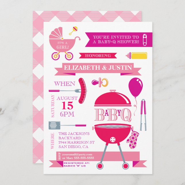 Baby Girl - Modern BBQ Shower Invitation (Front/Back)