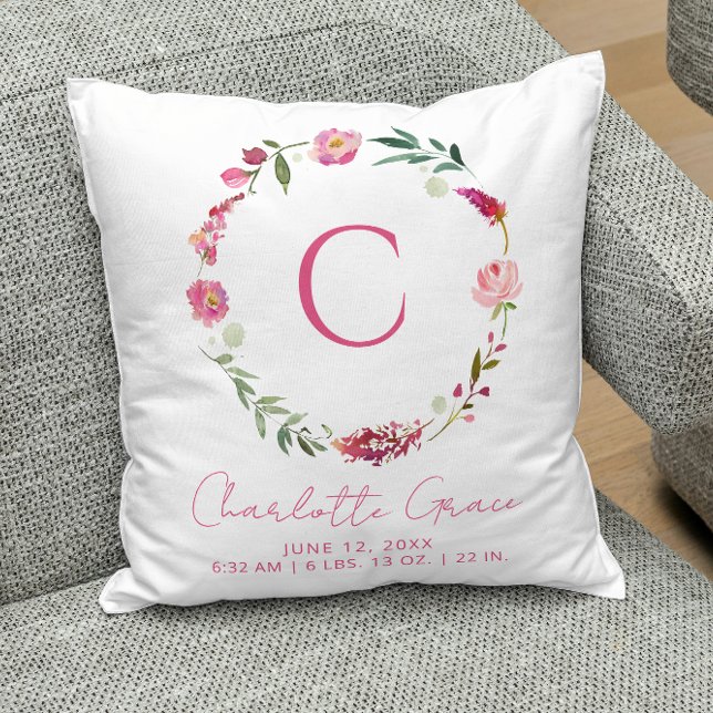 Baby Girl Monogram Birth Stats Pink Floral Nursery Cushion (Baby Pillow)
