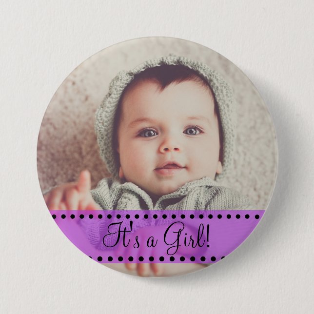 Baby Girl Name and Photo Magnet Purple Personalise 7.5 Cm Round Badge (Front)