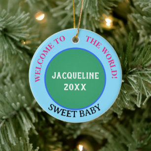 Baby Girl Name Announcement Earth Green Pink Ceramic Ornament