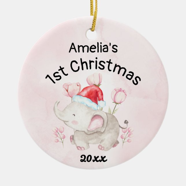 Baby Girl Name First Christmas Pink & Custom  Ceramic Ornament (Front)