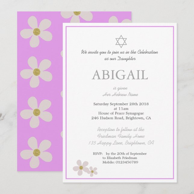 Baby Girl Naming Ceremony Floral Hebrew Jewish  Invitation (Front/Back)