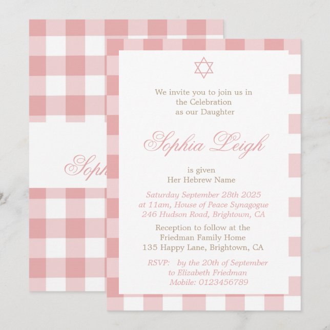 Baby Girl Naming Ceremony Hebrew Jewish Pink Invitation (Front/Back)