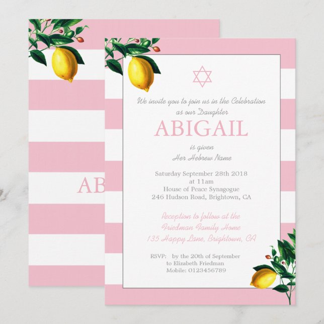 Baby Girl Naming Ceremony Lemons Jewish Hebrew  Invitation (Front/Back)