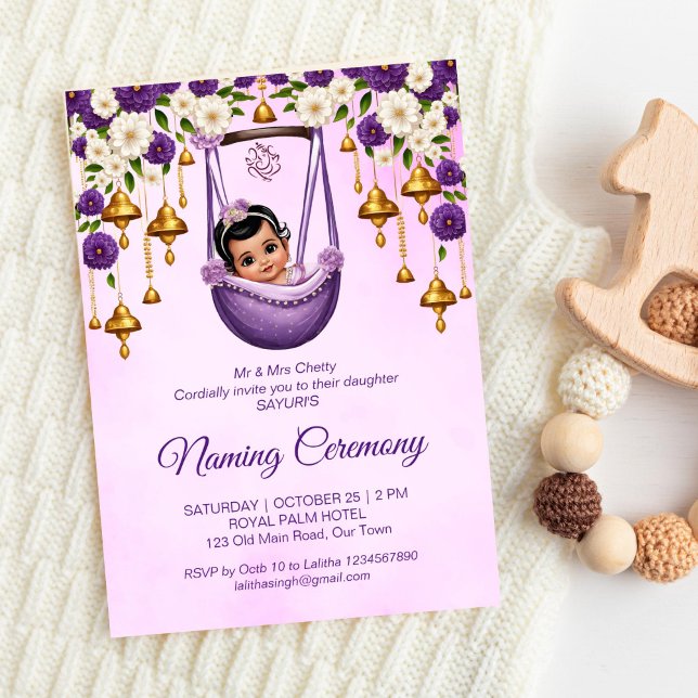 Baby Girl Naming Namkaran Cradle Ceremony purple Invitation (Baby Girl Naming Namkaran Cradle Ceremony purple Invitation template instant download cute girl sari)