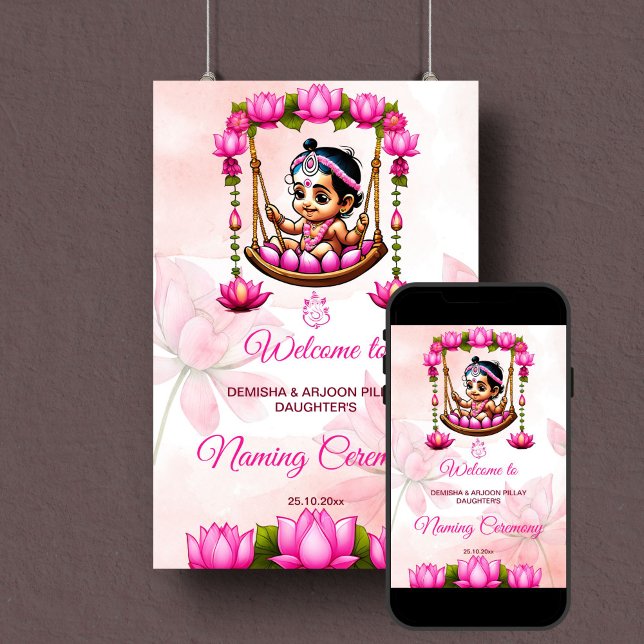 Baby Girl Naming Namkaran Cradle welcome sign (Baby girl naming cradle namkaran ceremony template welcome sign poster digital download pink lotus)