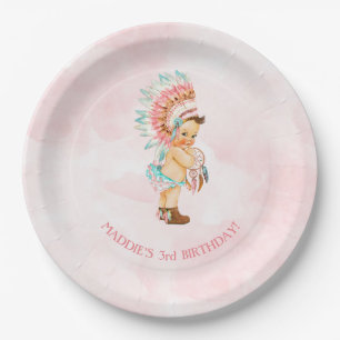 Baby Girl Native Headdress Moccasins Blush Aqua Paper Plate