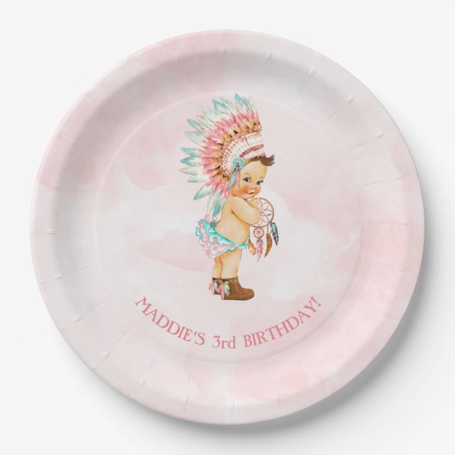 Baby Girl Native Headdress Moccasins Blush Aqua Paper Plate (Front)