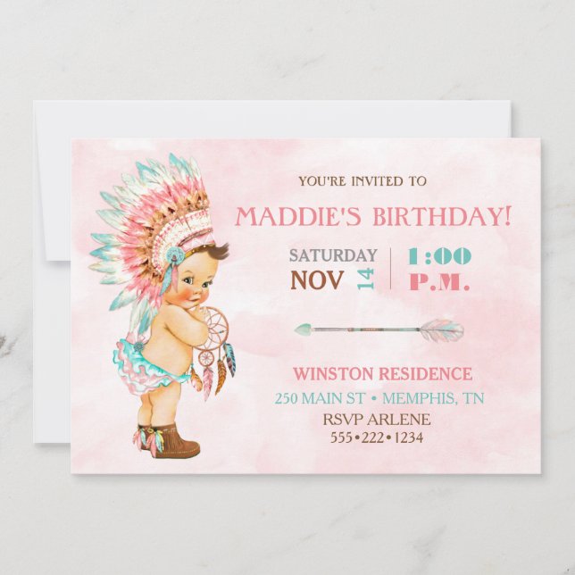 Baby Girl Native Tribal Headdress Blush Pink Aqua Invitation (Front)