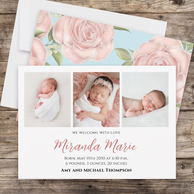 Baby Girl Newborn Photo Collage Simple Pink Floral (Creator Uploaded)