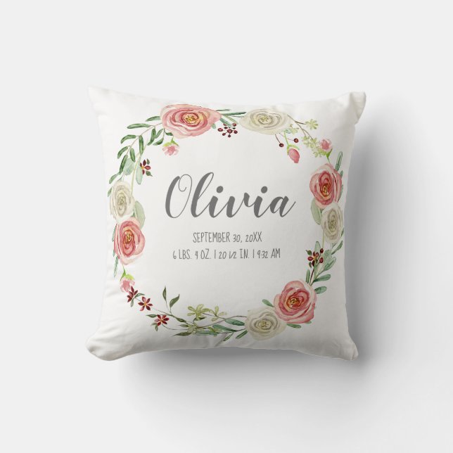 Baby Girl Nursery Birth Stats Blush Rose Wreath Cushion (Front)
