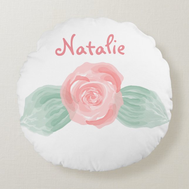 Baby Girl Nursery Decor Pink Rose Personalised Round Cushion (Front)