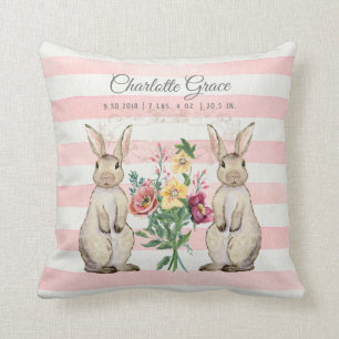 Baby Girl Nursery Floral Rabbits Birth Stats Name Cushion