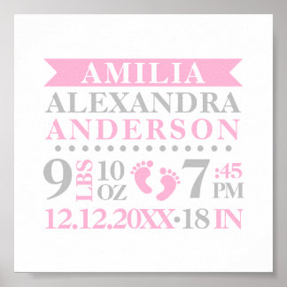 Baby Girl Nursery Room Birth Stats Keepsake Poster