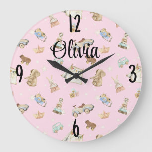 Baby Girl Nursery Vintage Toys on Pink 10.75-in Large Clock