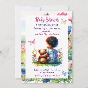 Baby Girl of Colour with her Teddy Bear Baby Showe Invitation