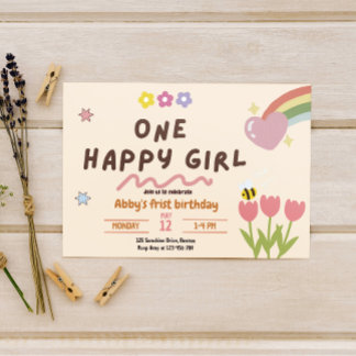 Baby Girl One Happy Girl Birthday Invitation