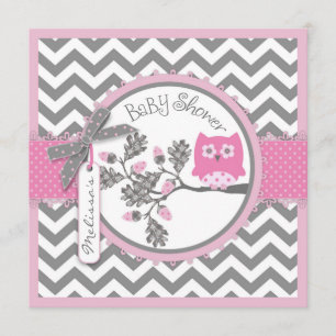 Baby Girl Owl Chevron Print Baby Shower Invitation