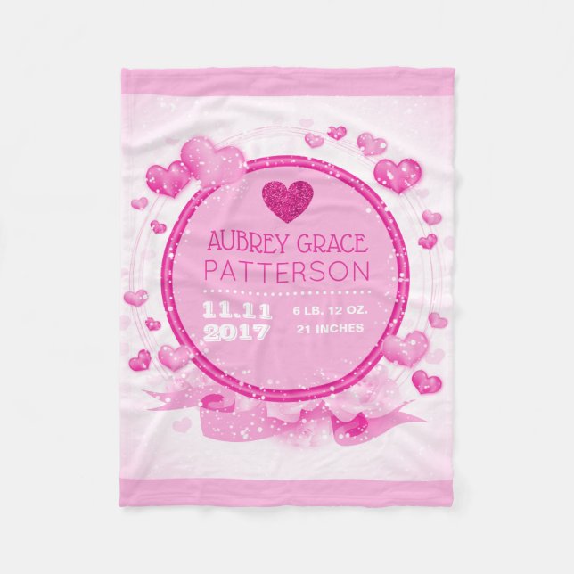 Baby Girl Personalised | Pink Hearts Nursery Fleece Blanket (Front)