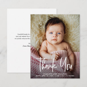 Baby Girl Photo Birth stats Modern Handlettering Thank You Card