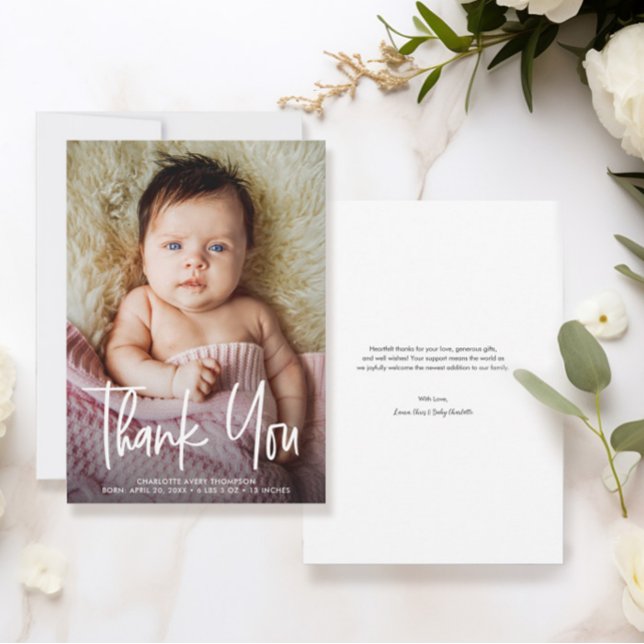 Baby Girl Photo Birth stats Modern Handlettering Thank You Card (Chic, Modern, Handlettering  baby shower Thank you, birth announcement photo card.)