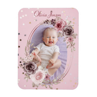Baby Girl Photo Cute Elegant Modern Pink floral  Magnet