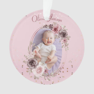 Baby Girl Photo Cute Elegant Modern Pink floral  Ornament