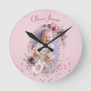 Baby Girl Photo Cute Elegant Modern Pink floral  Round Clock