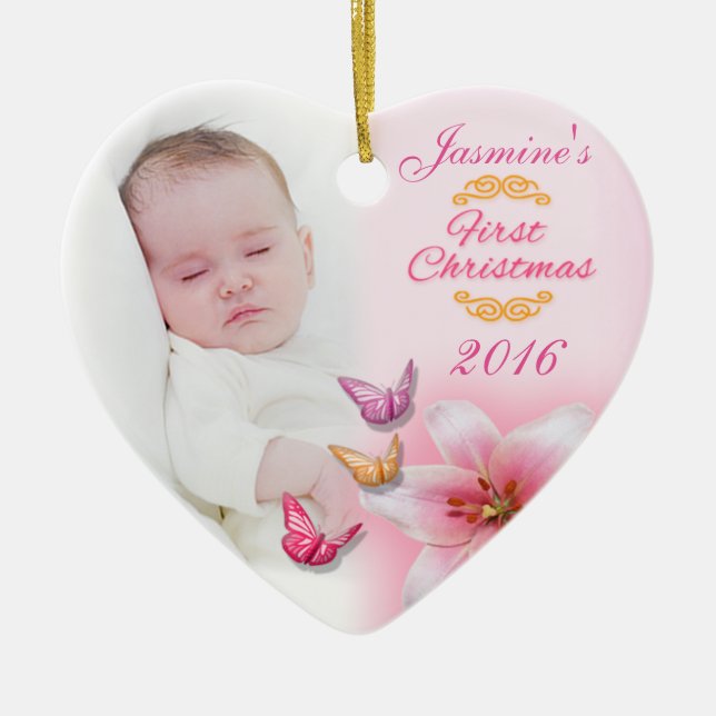Baby Girl Photo First Christmas Decoration pink (Front)