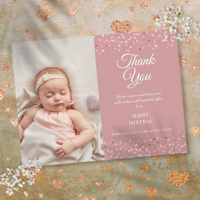 Baby Girl Photo Love Hearts Script Thank You Birth Announcement Postcard (Baby Girl Photo Love Hearts Script Thank You Birth Announcement Postcard)