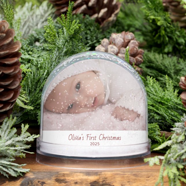 Baby Girl Photo My First Christmas Red Typography  Snowglobe (Winter)