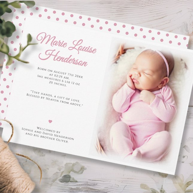 Baby Girl Photo Pink Dots Birth Announcement Card (Baby Girl Photo Pink Dots Birth Announcement Card)