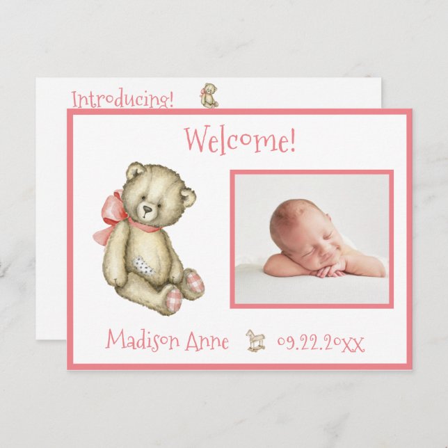 Baby Girl Photo Pink Typography Name Stats Announcement Postcard (Front/Back)