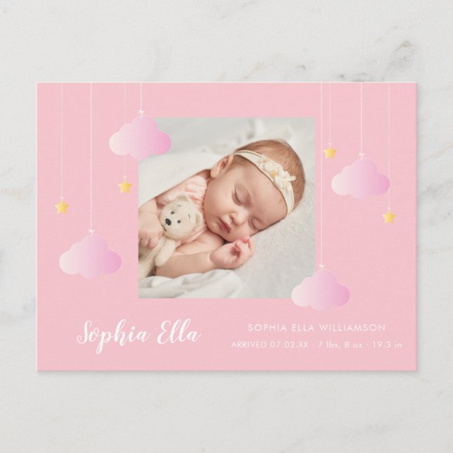 Baby Girl Photo Pretty Pink Twinkle Twinkle Birth Announcement Postcard (Front)