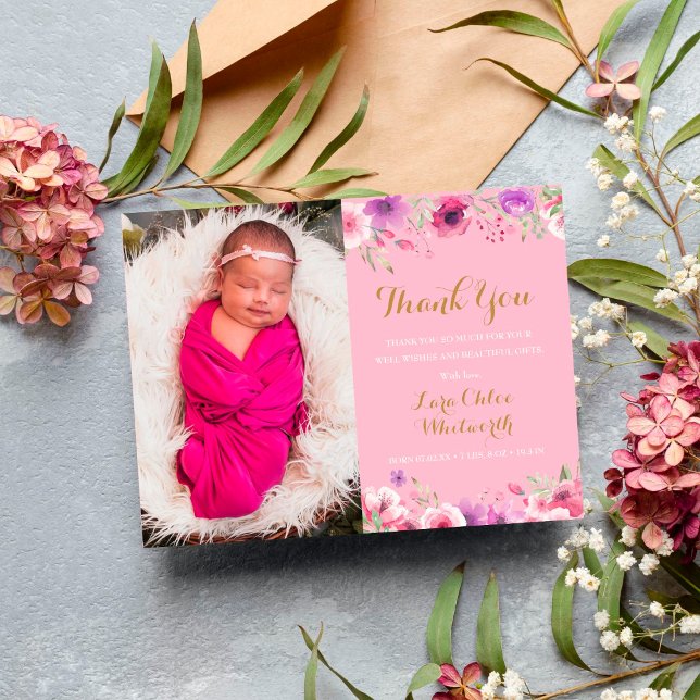 Baby Girl Photo Script Thank You Floral Pink Birth Announcement Postcard (Creator Uploaded)