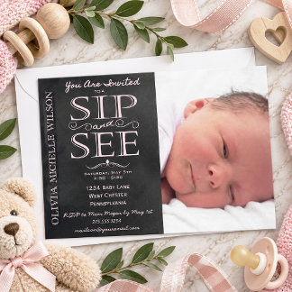Baby Girl Photo Sip and See Invitation